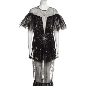 Kalmanovich Lace, Stars , Moon, Flying Horse Pattern Evening Gown Black